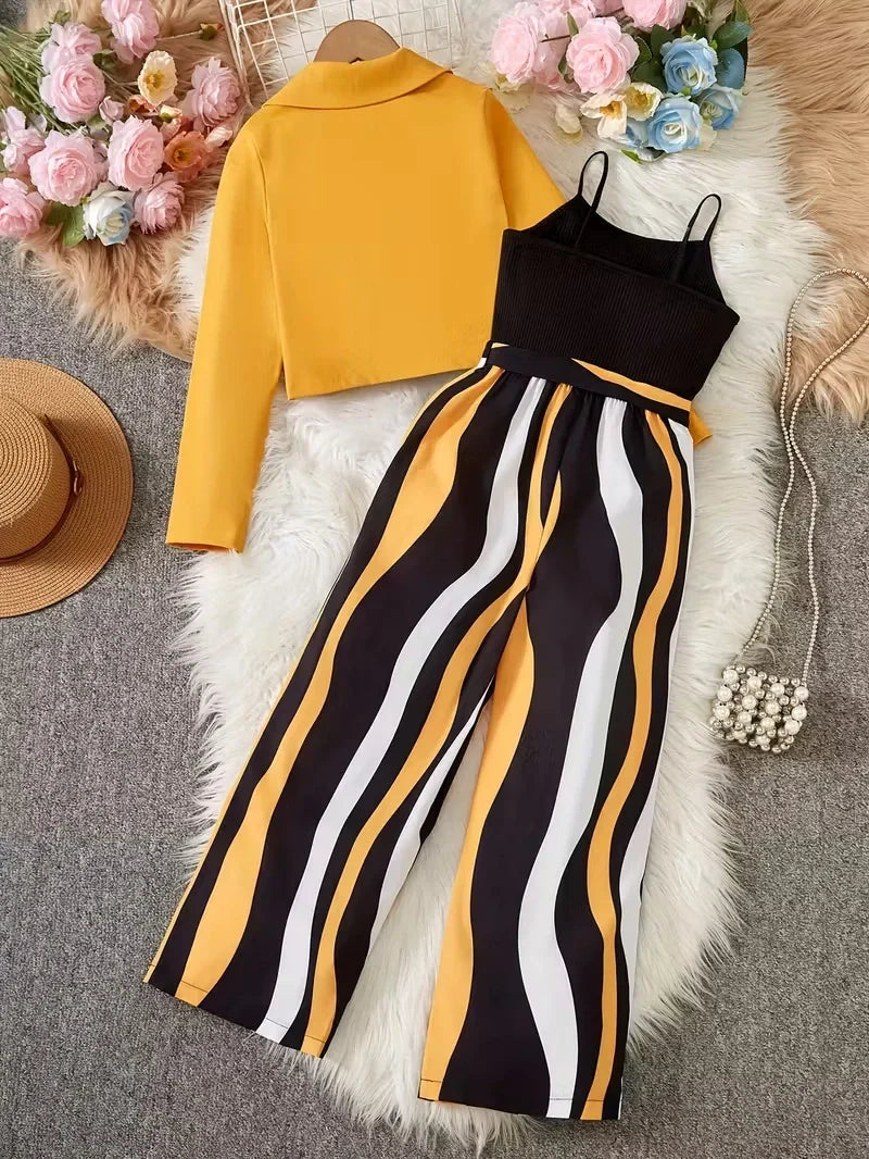 Girls Two Piece Jumpsuit Set with Structured Jacket and Belted Waist Fit