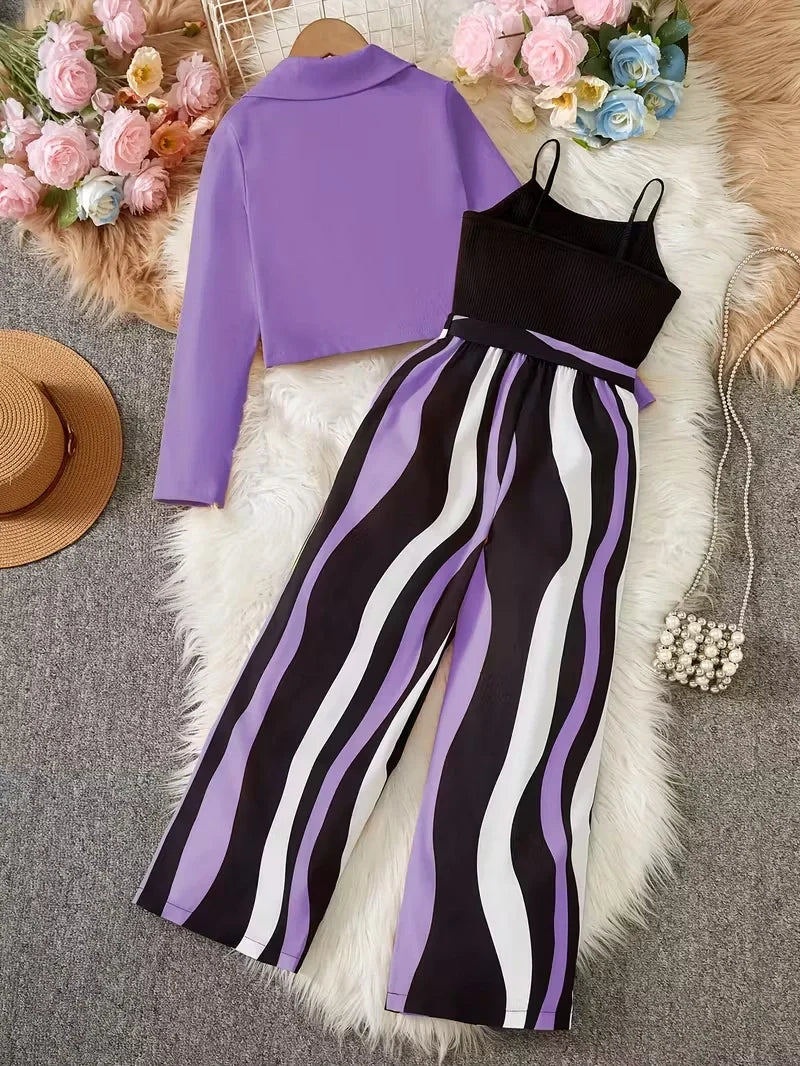 Girls Two Piece Jumpsuit Set with Structured Jacket and Belted Waist Fit