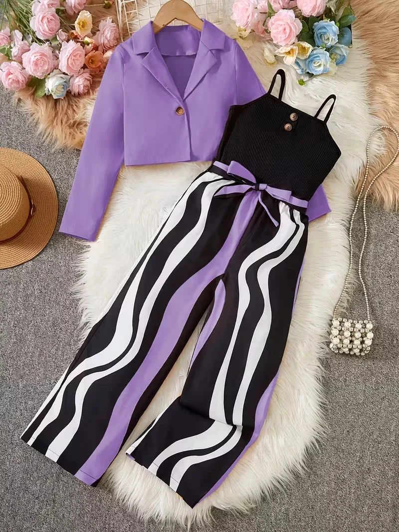 Girls Two Piece Jumpsuit Set with Structured Jacket and Belted Waist Fit