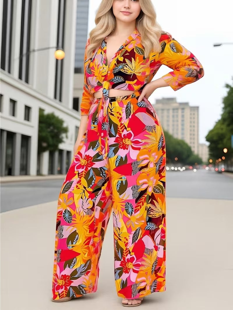 Women’s Printed Two Piece Set with Tie Front Top and Wide Leg Pants