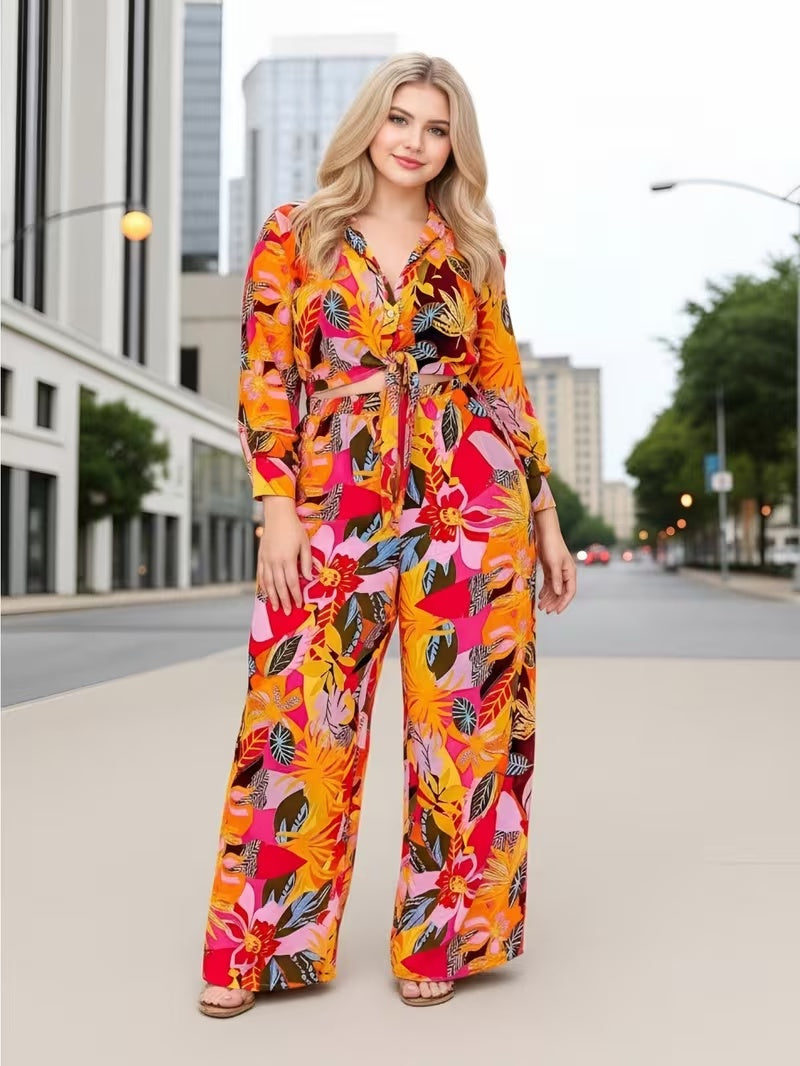 Women’s Printed Two Piece Set with Tie Front Top and Wide Leg Pants
