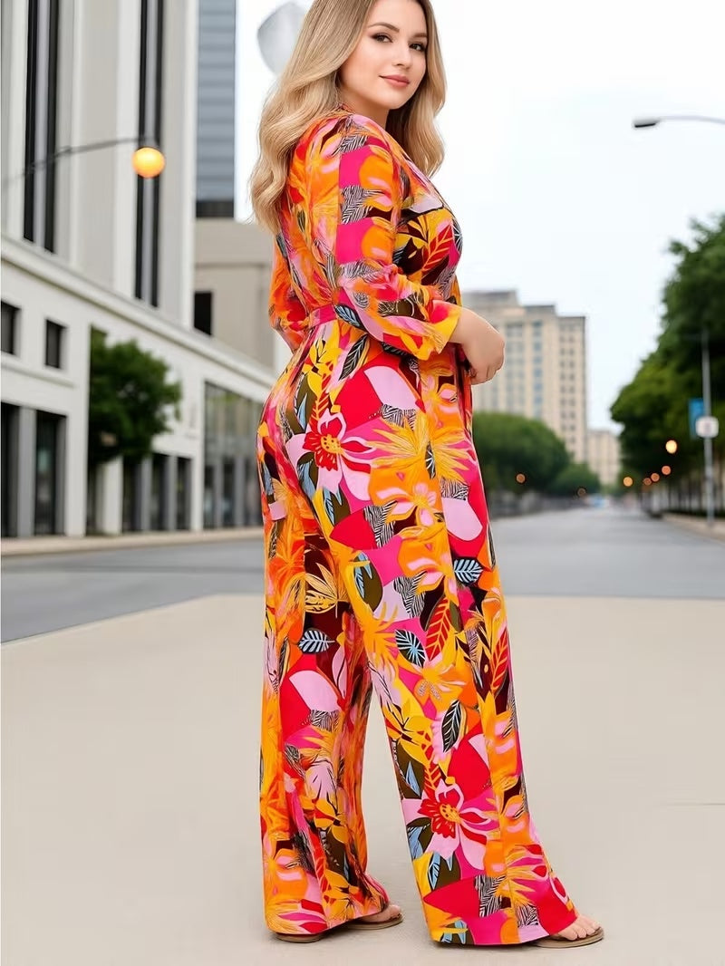Women’s Printed Two Piece Set with Tie Front Top and Wide Leg Pants
