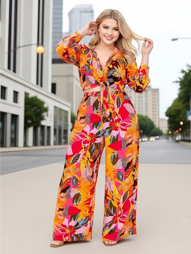 Women’s Printed Two Piece Set with Tie Front Top and Wide Leg Pants