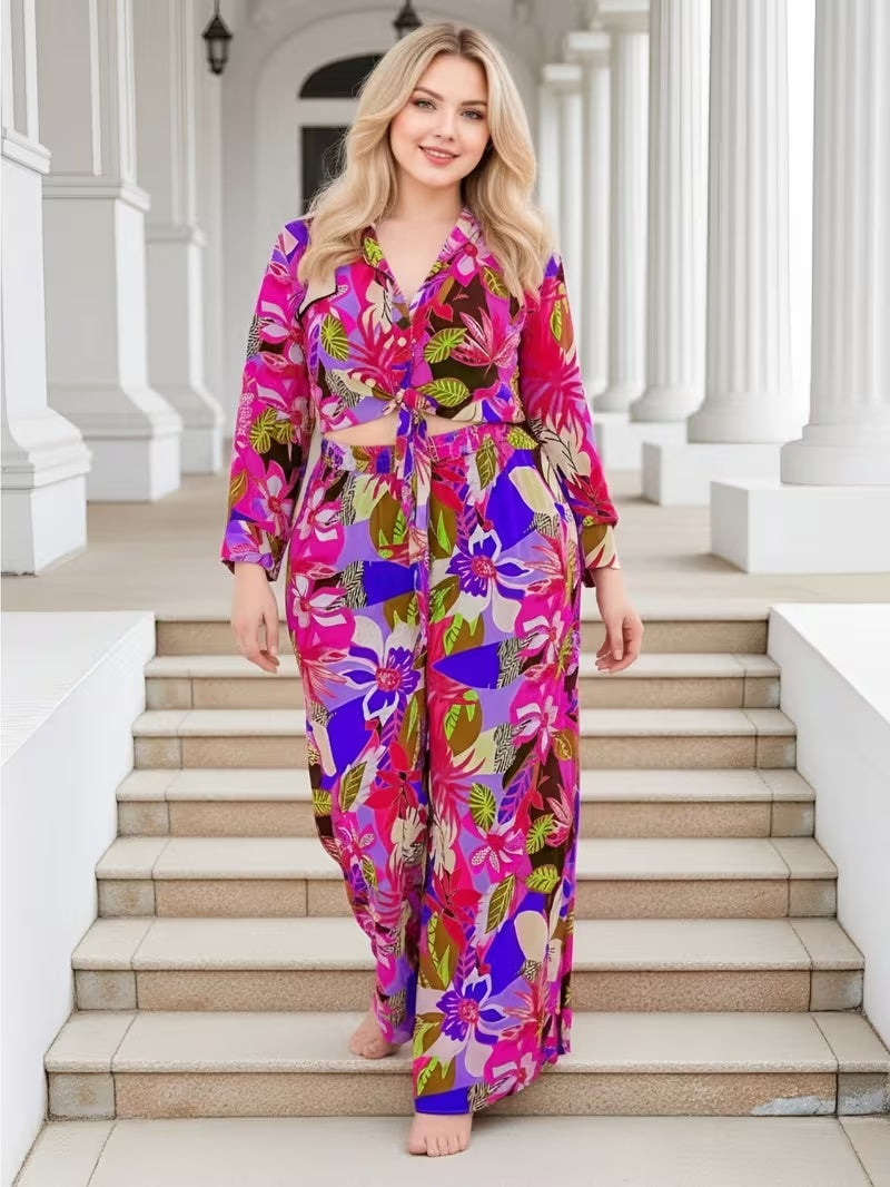 Women’s Printed Two Piece Set with Tie Front Top and Wide Leg Pants