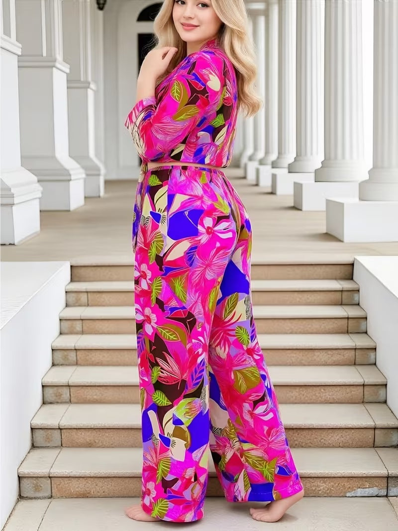 Women’s Printed Two Piece Set with Tie Front Top and Wide Leg Pants