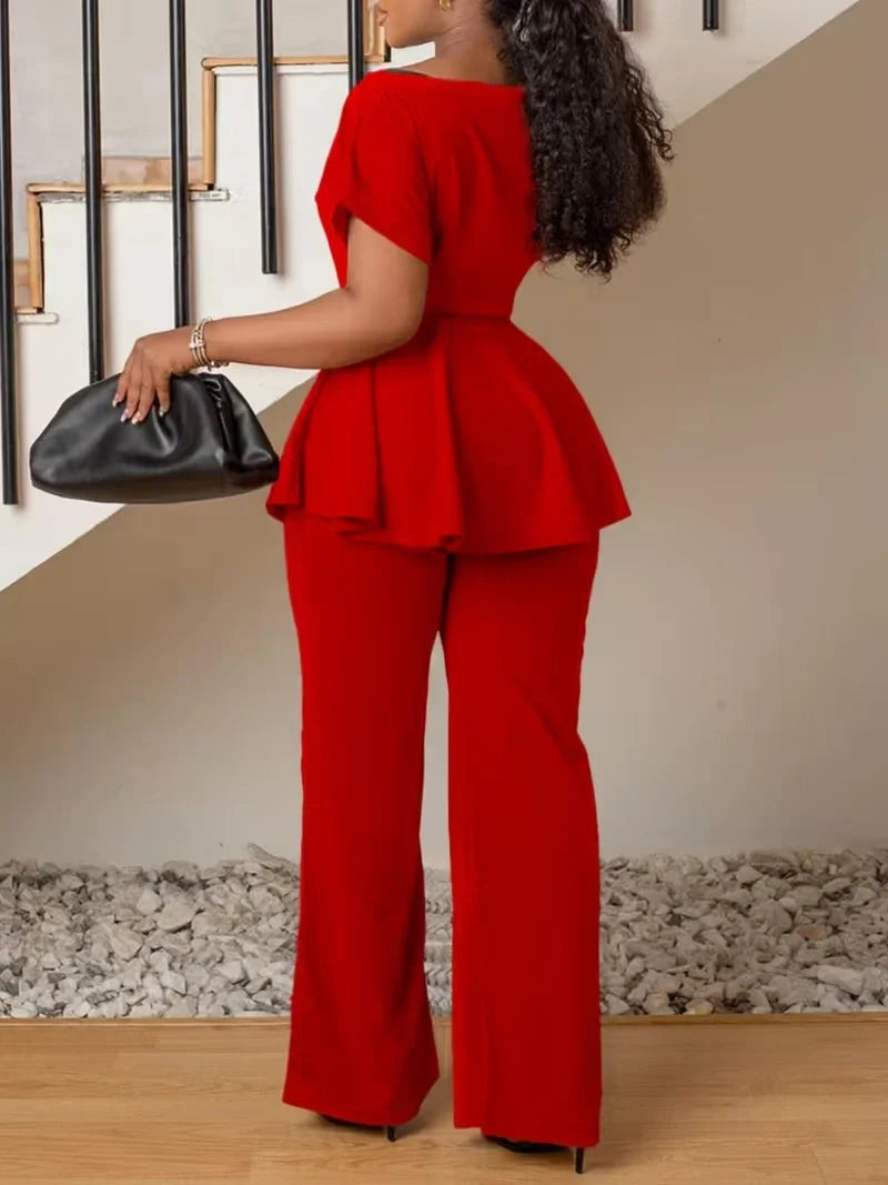 Women’s Plus Size Two Piece Set with Tie Front Top and Wide Leg Pants