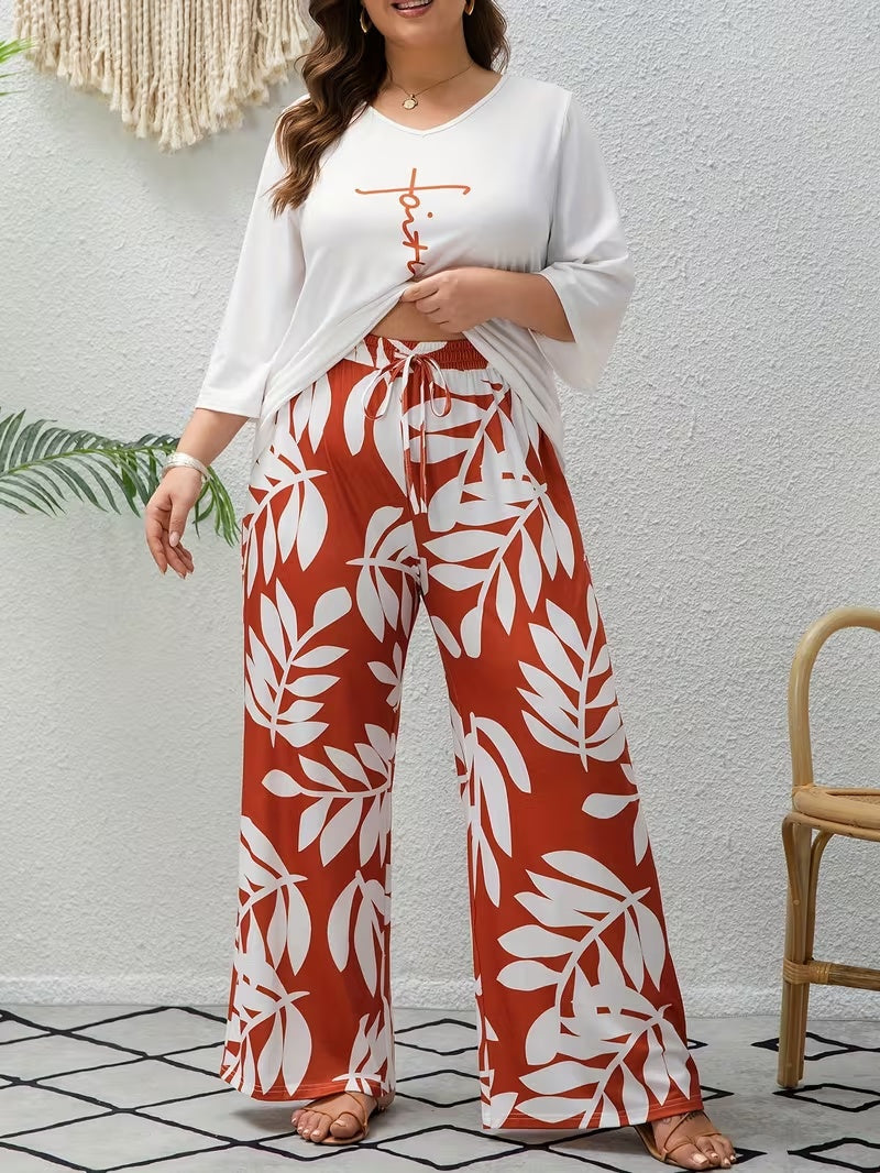 Women’s Plus Size Two Piece Set with Flowing Pants and Relaxed Sleeve Top