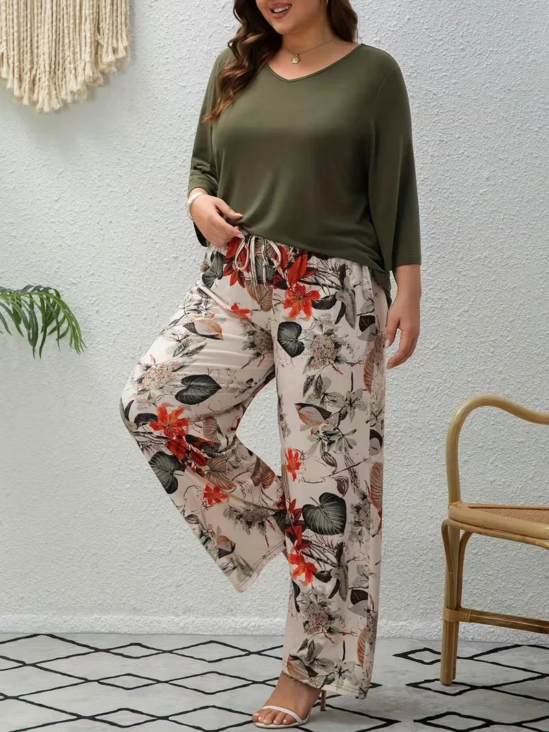 Women’s Plus Size Two Piece Set with Flowing Pants and Relaxed Sleeve Top