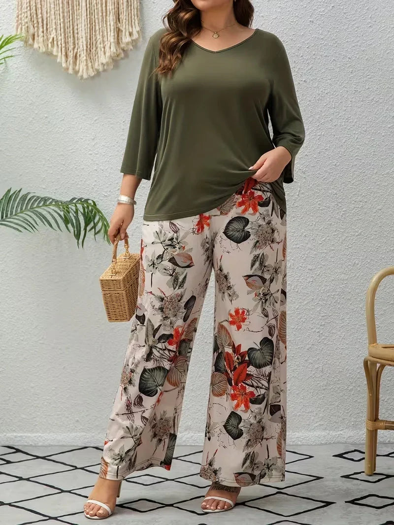 Women’s Plus Size Two Piece Set with Flowing Pants and Relaxed Sleeve Top