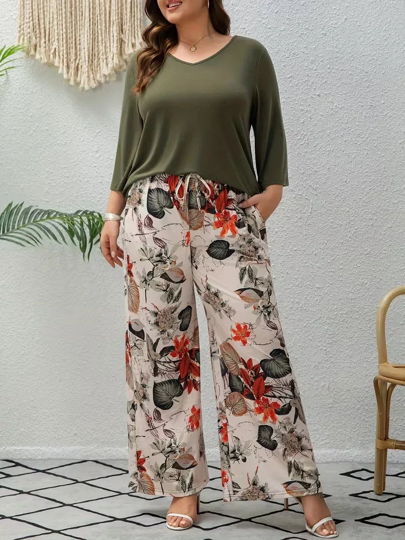 Women’s Plus Size Two Piece Set with Flowing Pants and Relaxed Sleeve Top