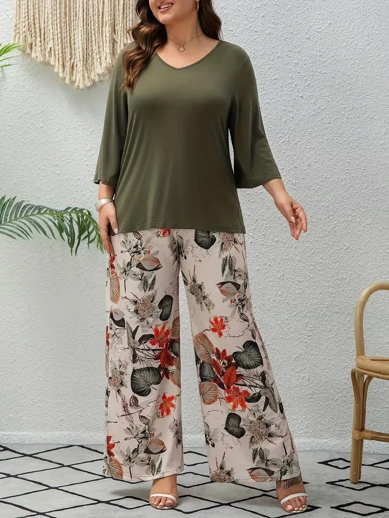Women’s Plus Size Two Piece Set with Flowing Pants and Relaxed Sleeve Top