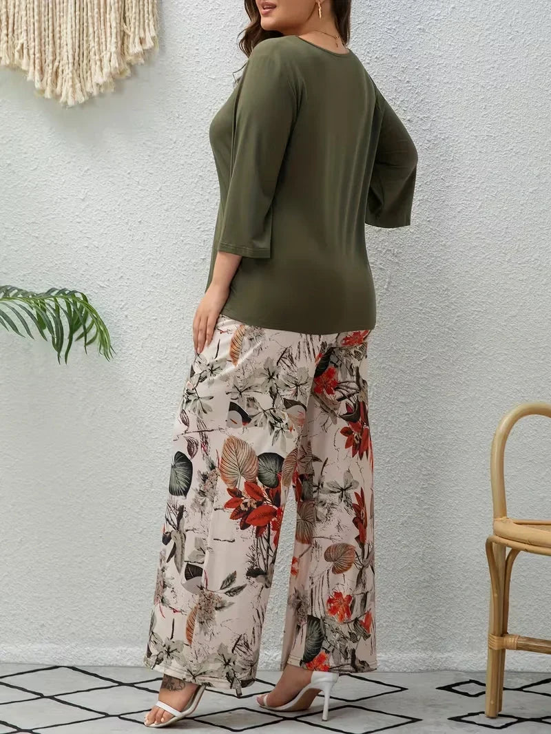 Women’s Plus Size Two Piece Set with Flowing Pants and Relaxed Sleeve Top