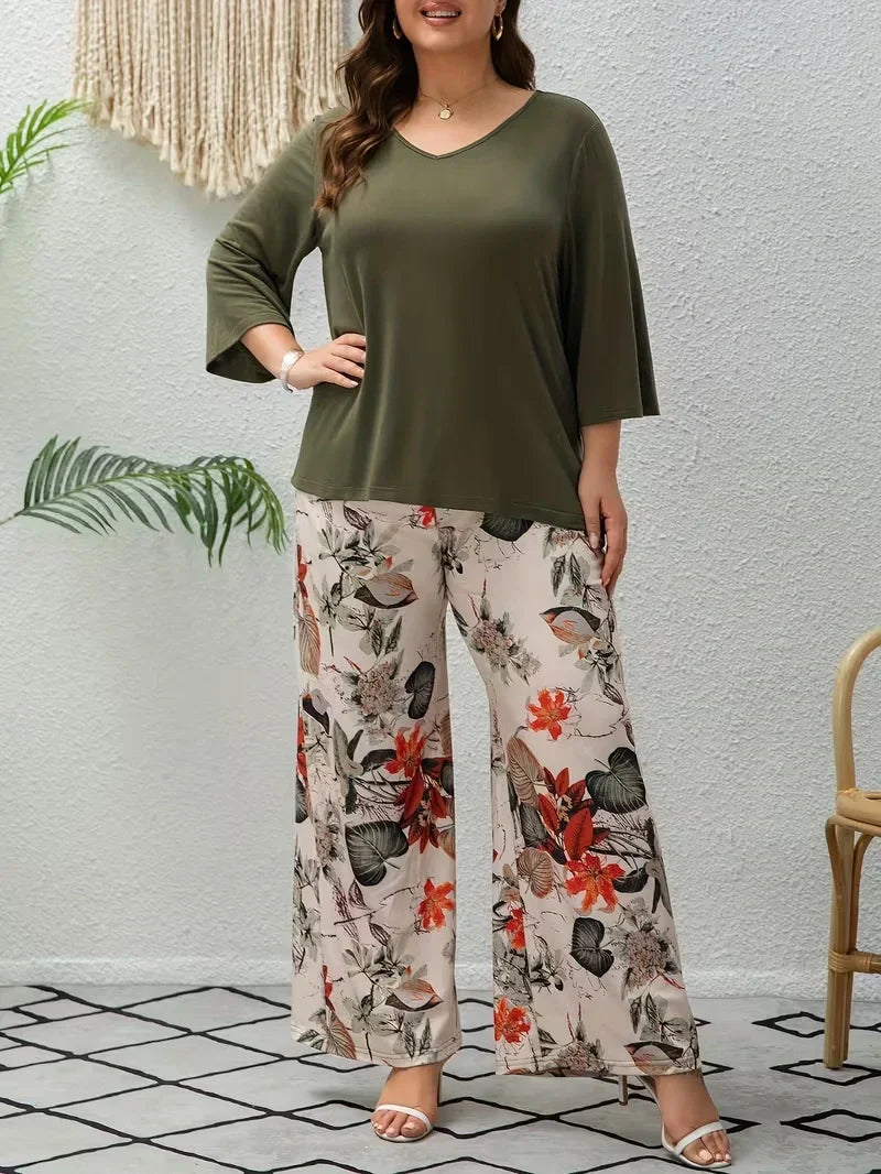 Women’s Plus Size Two Piece Set with Flowing Pants and Relaxed Sleeve Top