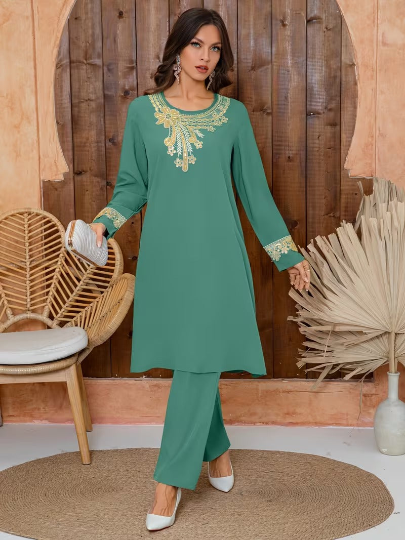Luxury Floral Embroidered Pants Set