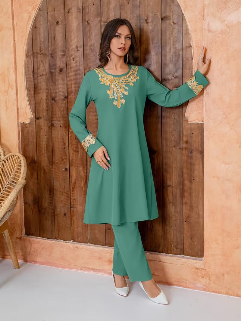 Luxury Floral Embroidered Pants Set