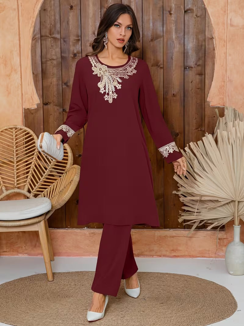 Luxury Floral Embroidered Pants Set
