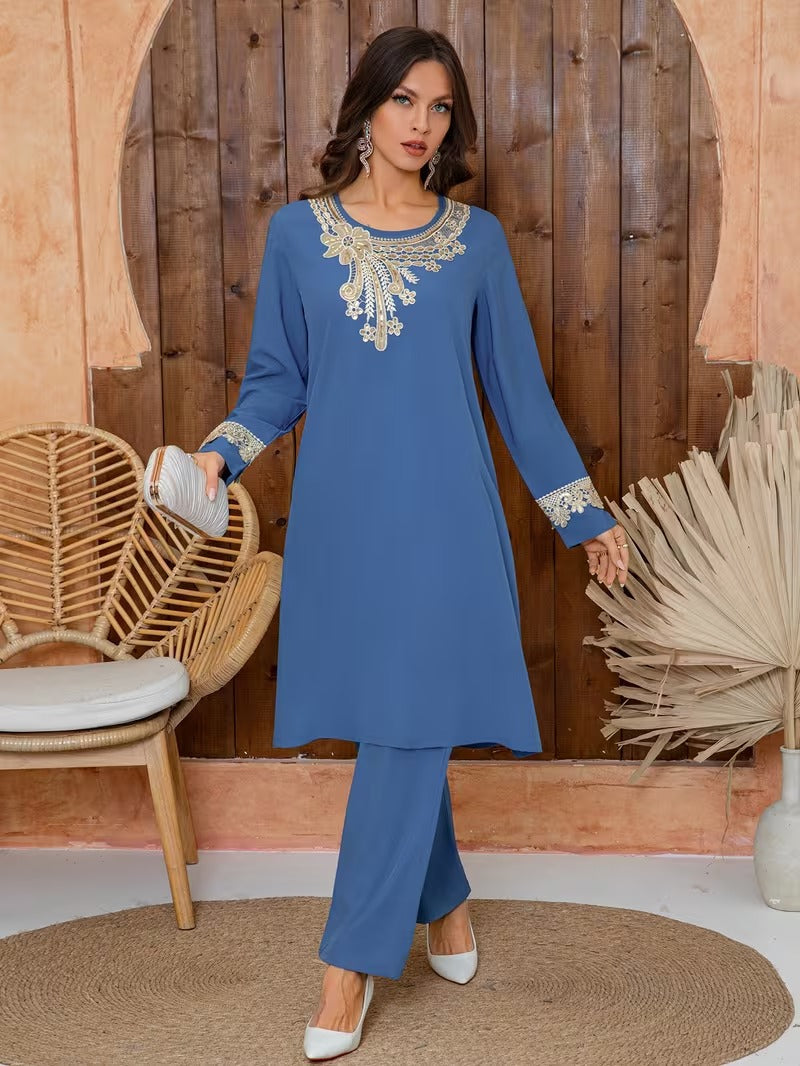 Luxury Floral Embroidered Pants Set