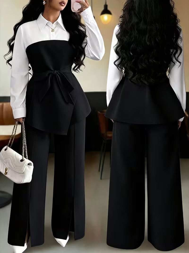 Women's Plus Size Bow Tie Waist Co-Ord Set with Wide-Leg Pants