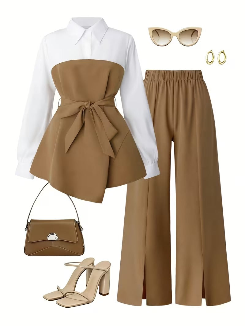 Women's Plus Size Bow Tie Waist Co-Ord Set with Wide-Leg Pants