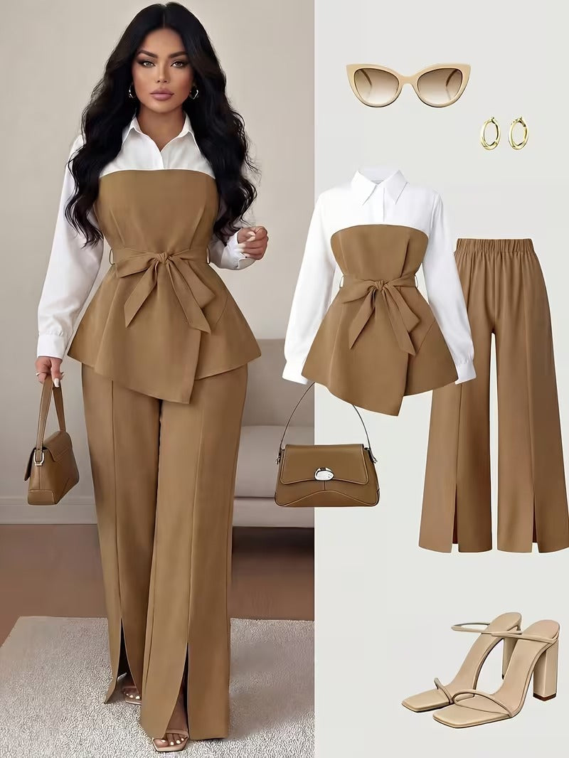 Women's Plus Size Bow Tie Waist Co-Ord Set with Wide-Leg Pants