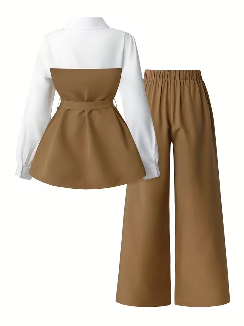 Women's Plus Size Bow Tie Waist Co-Ord Set with Wide-Leg Pants