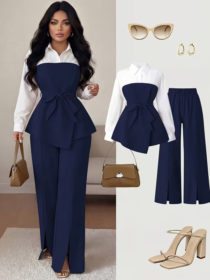 Women's Plus Size Bow Tie Waist Co-Ord Set with Wide-Leg Pants
