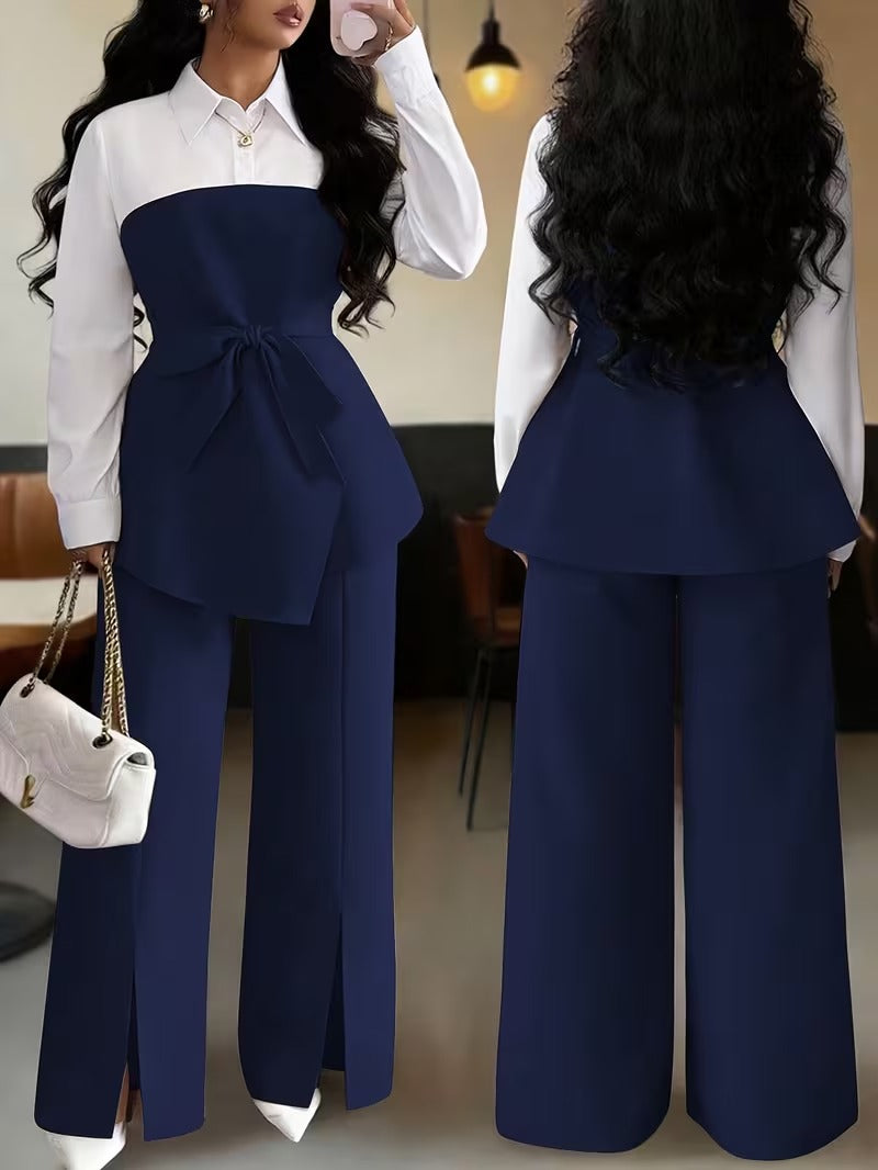 Women's Plus Size Bow Tie Waist Co-Ord Set with Wide-Leg Pants