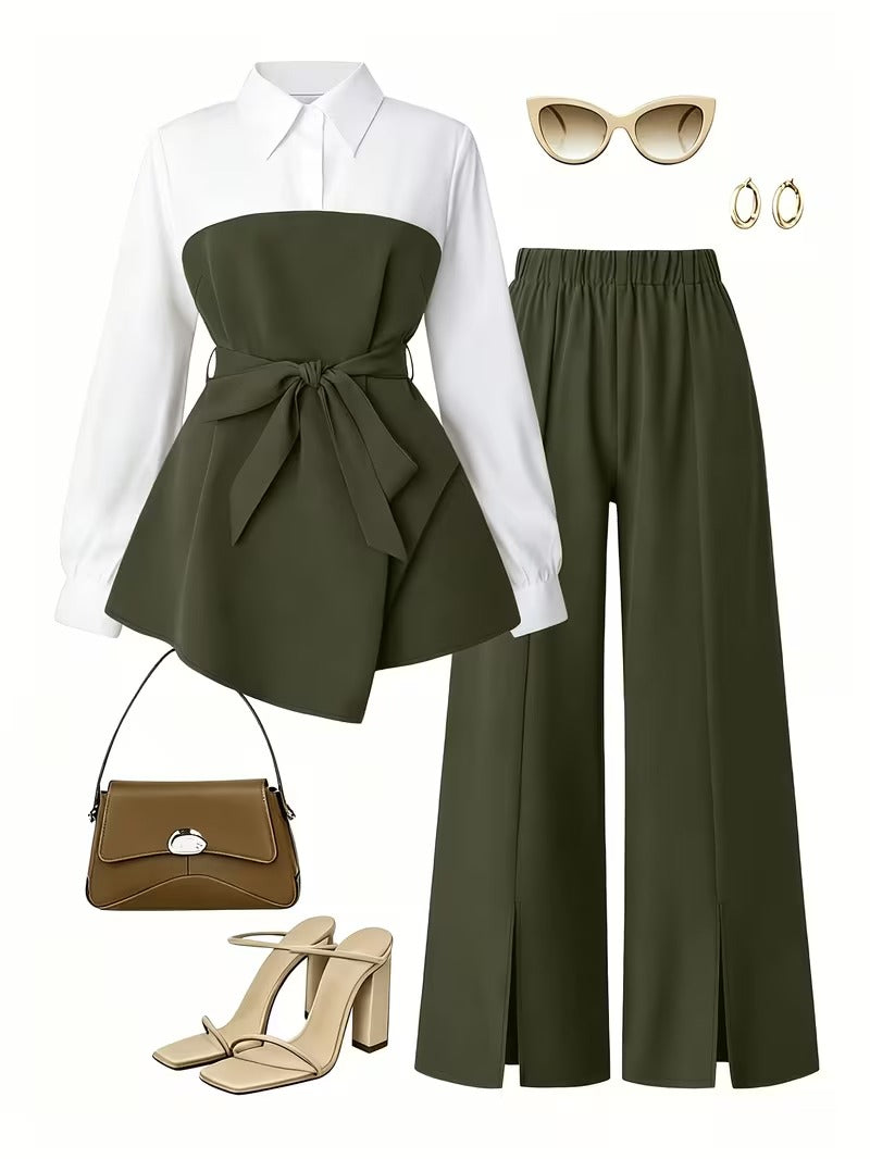 Women's Plus Size Bow Tie Waist Co-Ord Set with Wide-Leg Pants