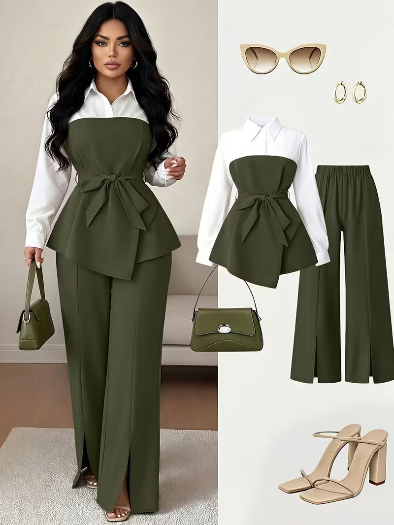 Women's Plus Size Bow Tie Waist Co-Ord Set with Wide-Leg Pants