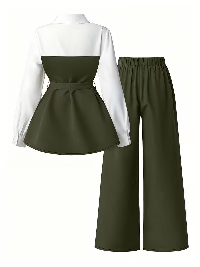 Women's Plus Size Bow Tie Waist Co-Ord Set with Wide-Leg Pants
