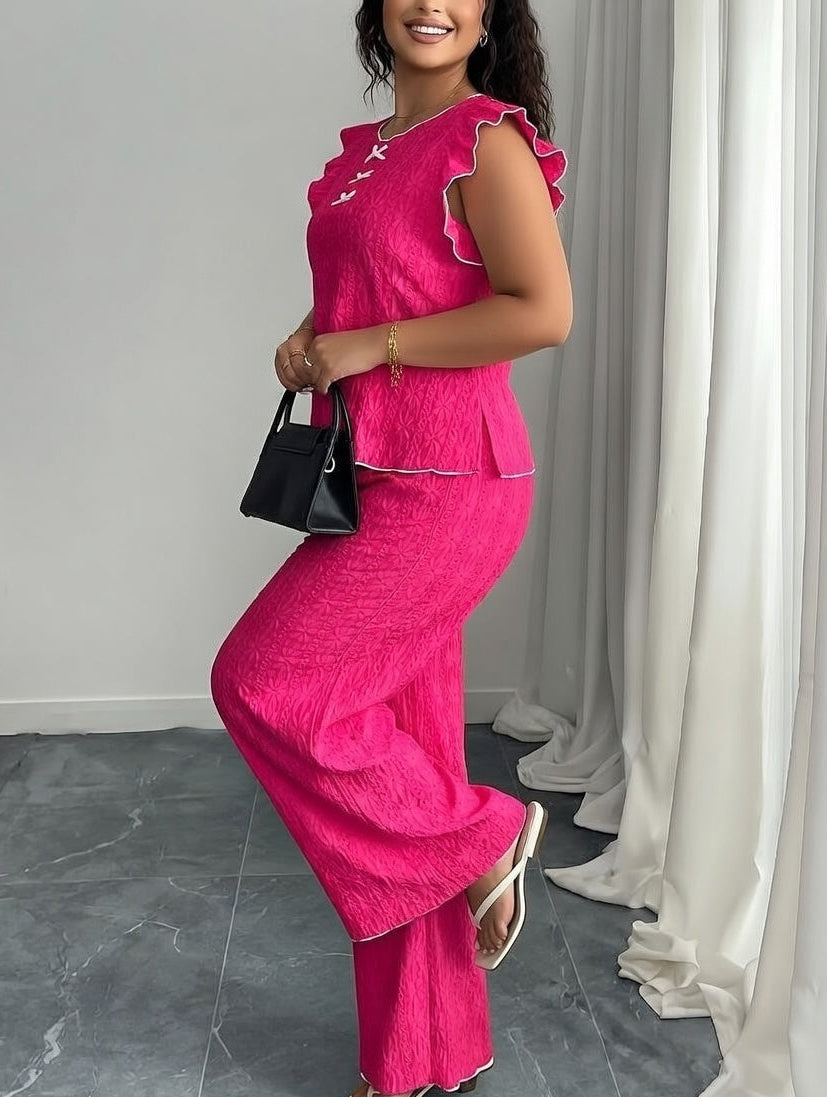 women Round Neck Mushroom Sleeve Top & Straight Pants