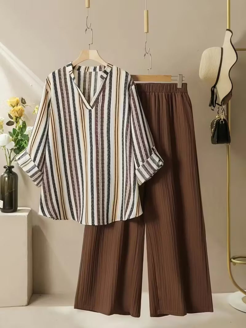 Women’s Striped Blazer Set with V-Neck Shirt & Wide-Leg Trousers – Casual Chic Outfit