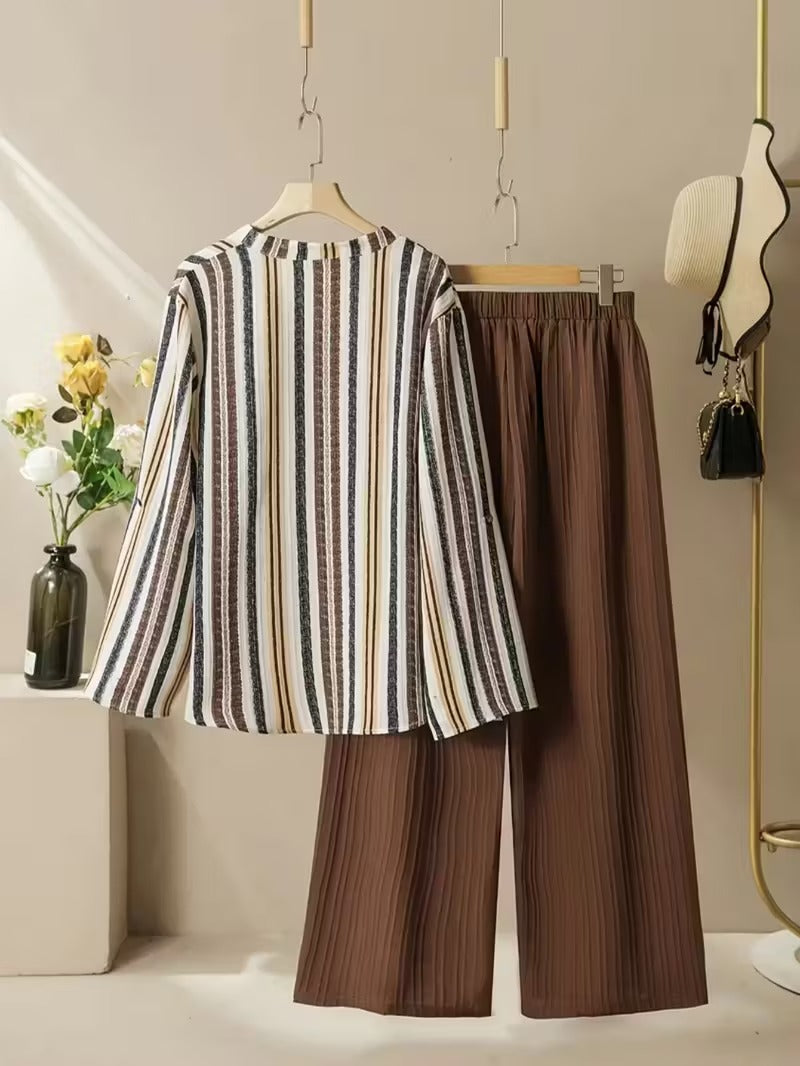 Women’s Striped Blazer Set with V-Neck Shirt & Wide-Leg Trousers – Casual Chic Outfit
