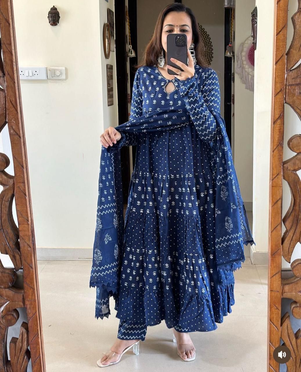 Indigo Blue Cotton Flared Anarkali Set with Dupatta & Pant