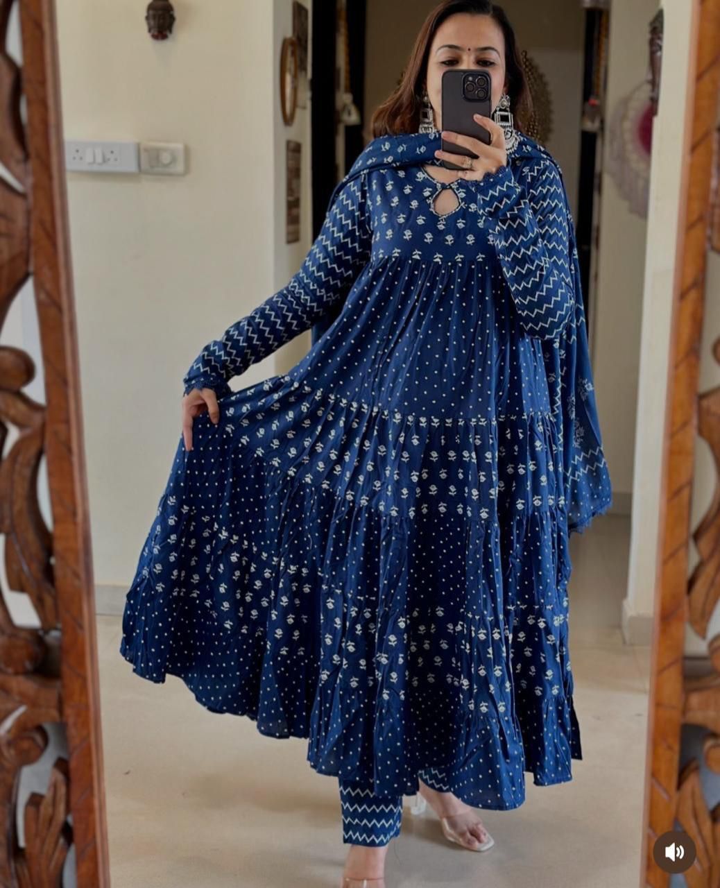 Indigo Blue Cotton Flared Anarkali Set with Dupatta & Pant