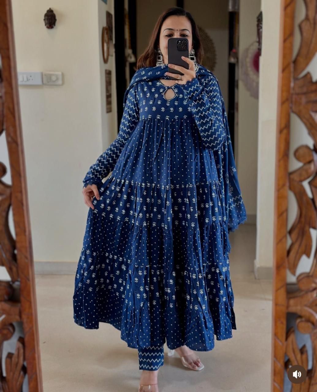 Indigo Blue Cotton Flared Anarkali Set with Dupatta & Pant