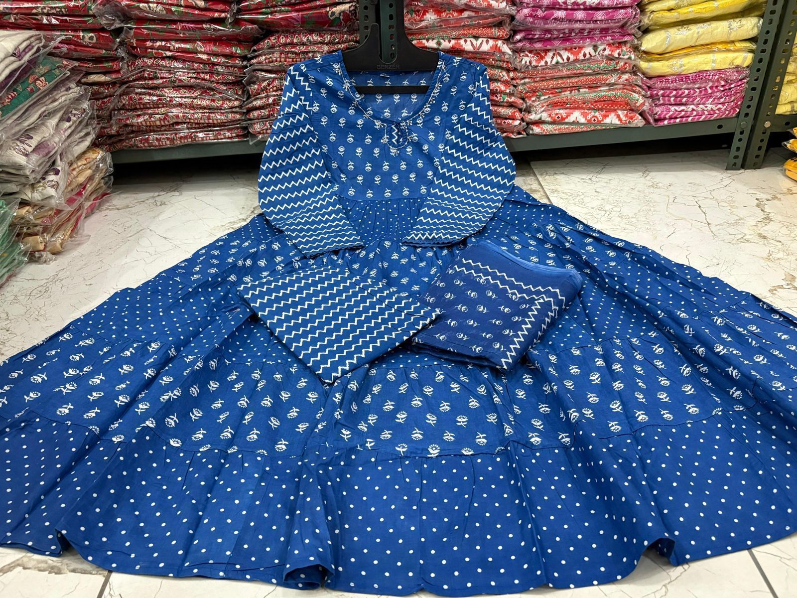 Indigo Blue Cotton Flared Anarkali Set with Dupatta & Pant
