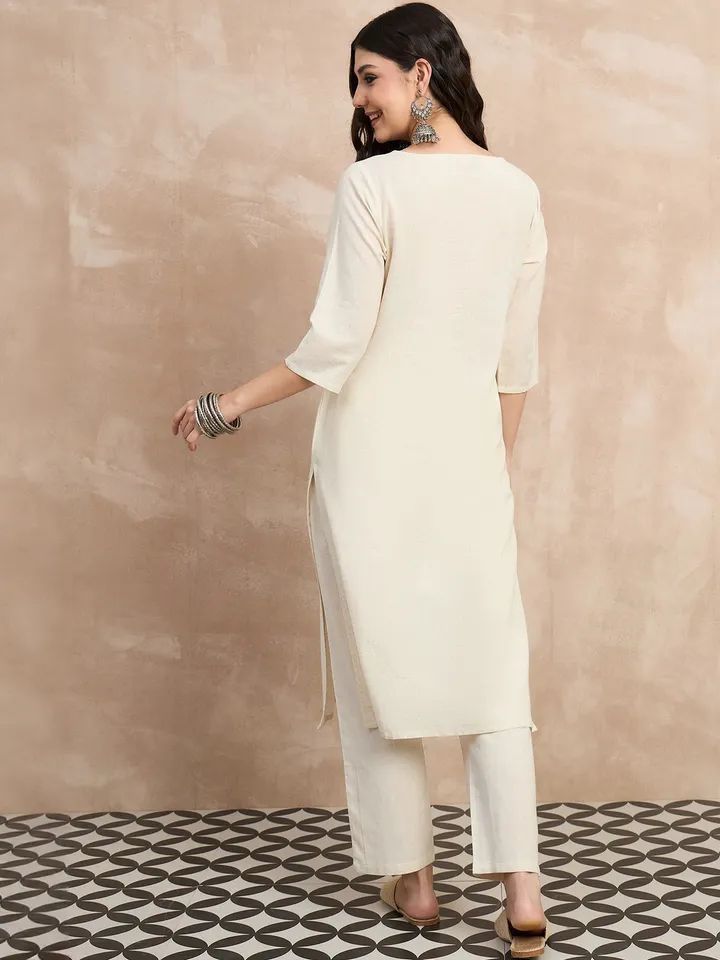 Ivory Cotton Flex Kurta Set with Blue Embroidered Motifs