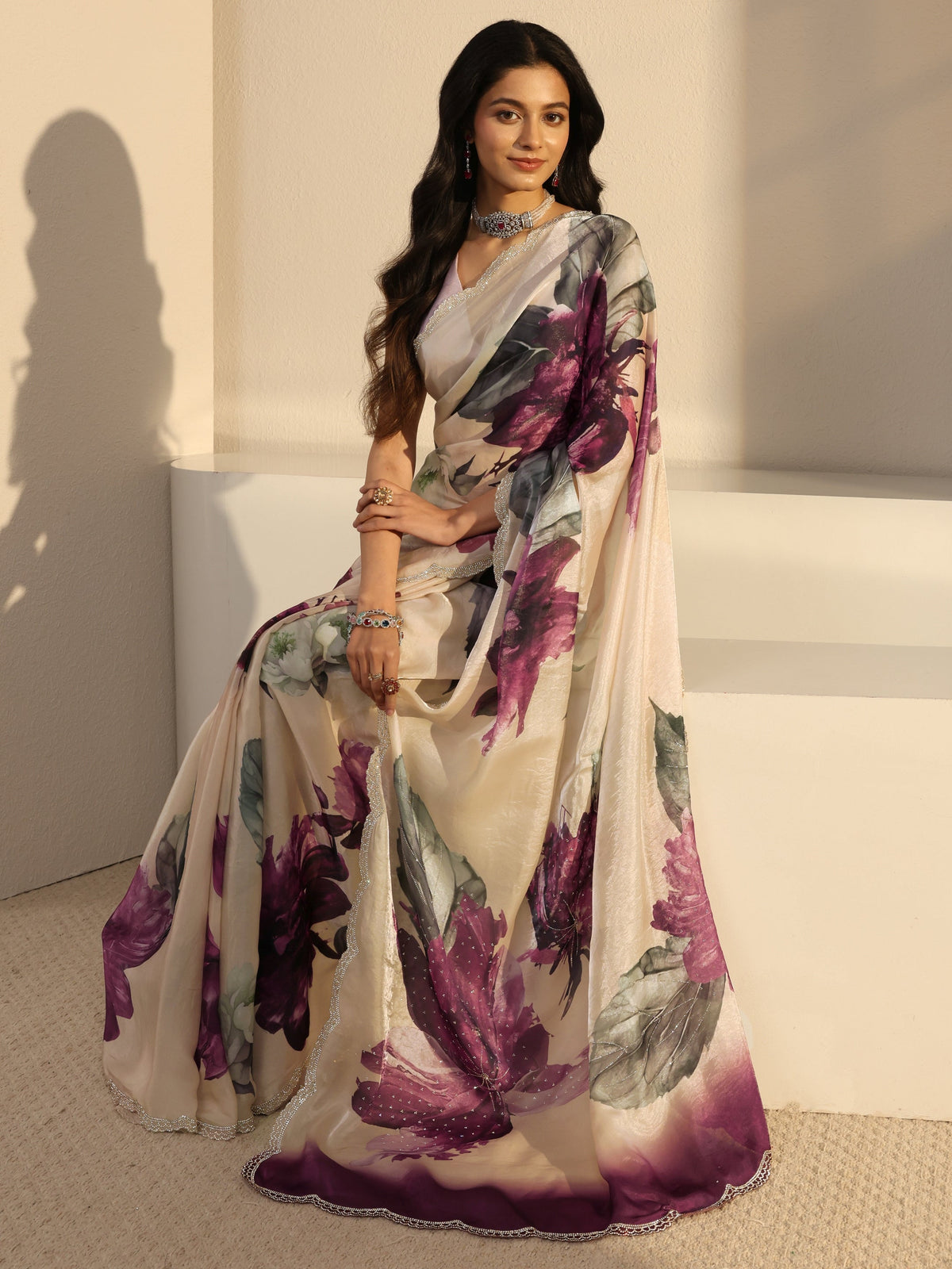 Anouk Ivory Embellished Tissue Saree With Unstiched Blouse Piece