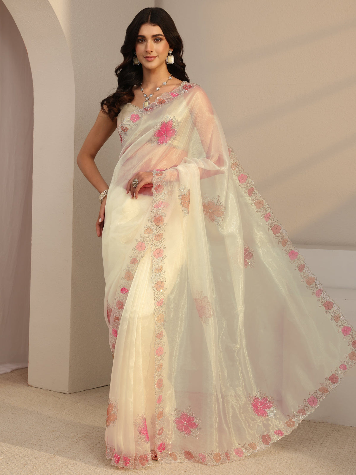 Anouk Ivory Floral Embellished Organza Sareewith Unstitched Blouse Piece