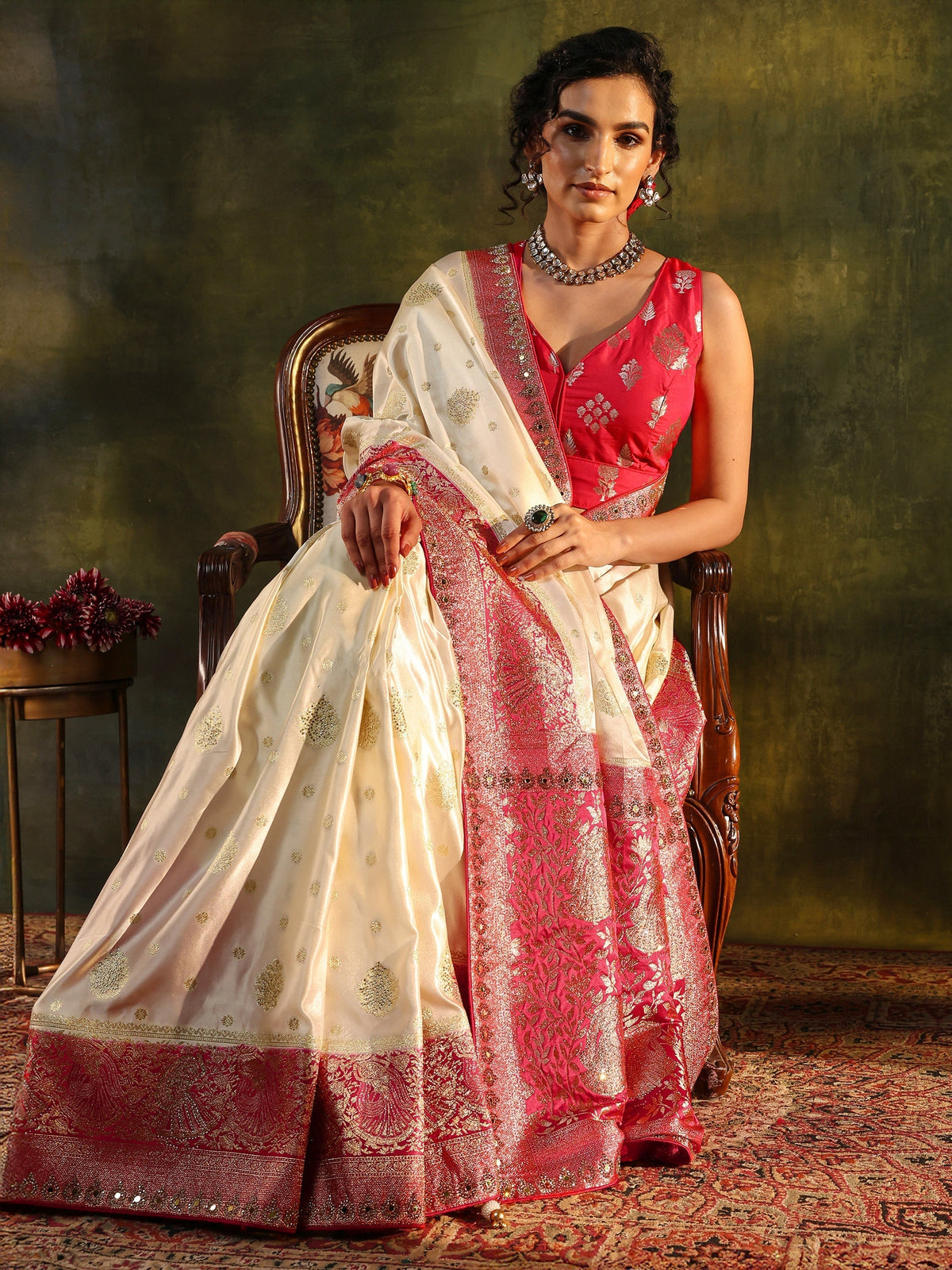 Anouk Ivory Woven Design Satin Banarasi Saree With Unstitched Blouse Piece