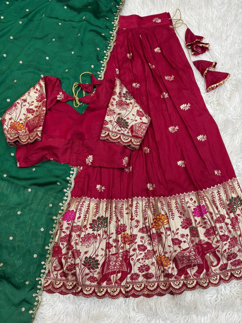 Jacquard Border Cutwork Full-Stitched Lehenga Choli with Dupatta