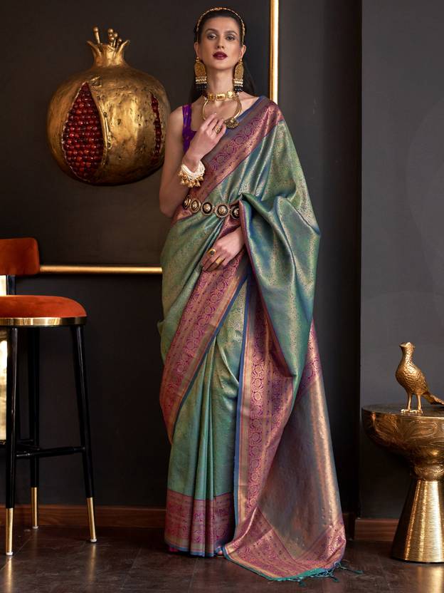 Jade Green Elegant Banarasi Silk Blend Woven Saree with Tassel Detailing