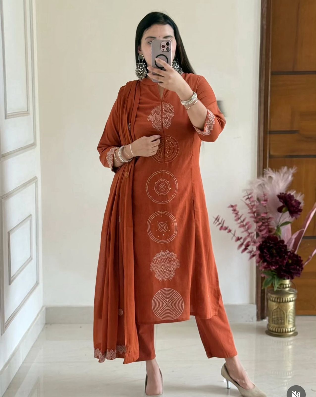Jaipuri Cotton A-Line Suit Set with Embroidery & Sequins Work