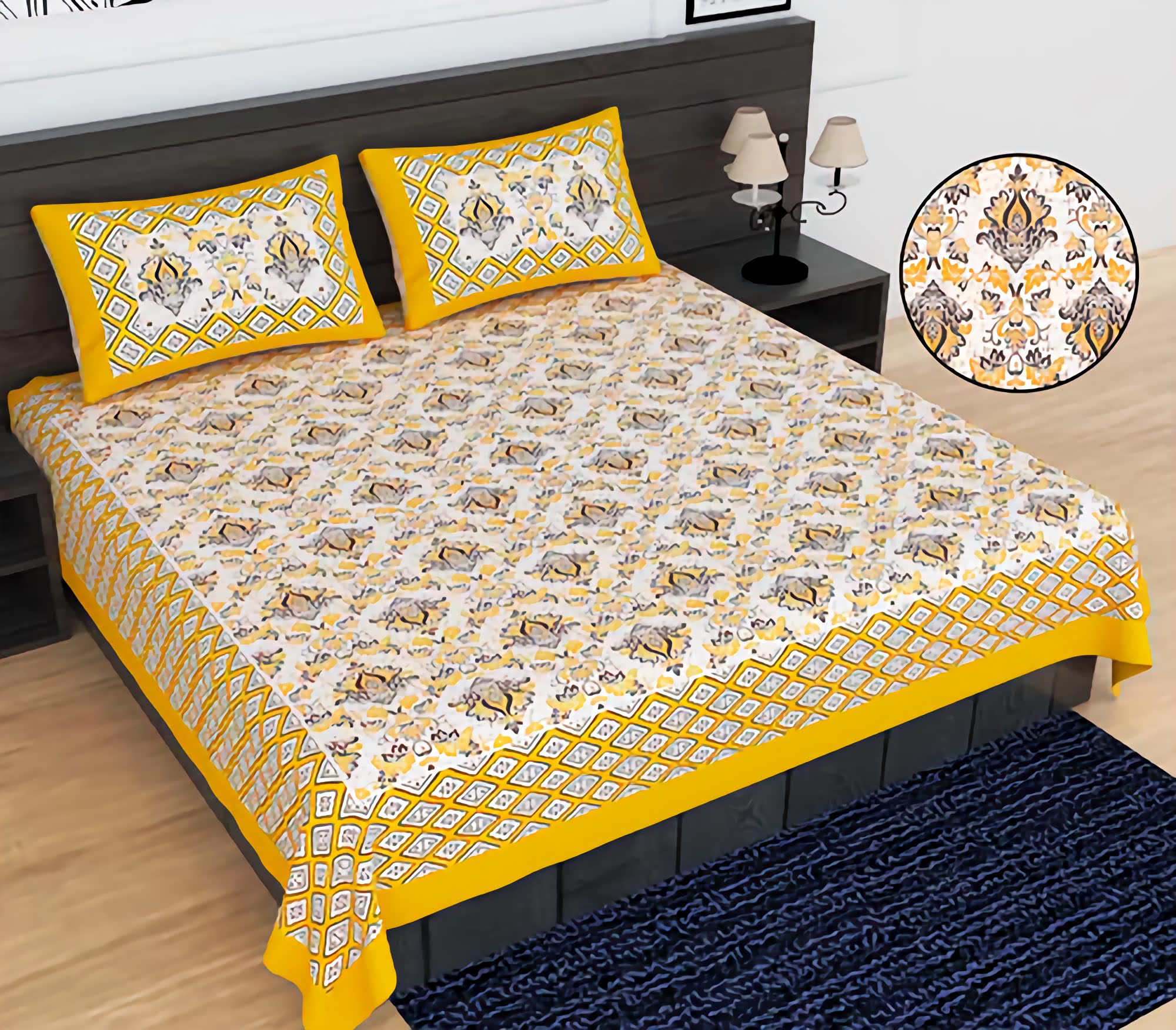 Jaipuri Double Bedsheet Set with Two Pillow Covers - 90x100 Size