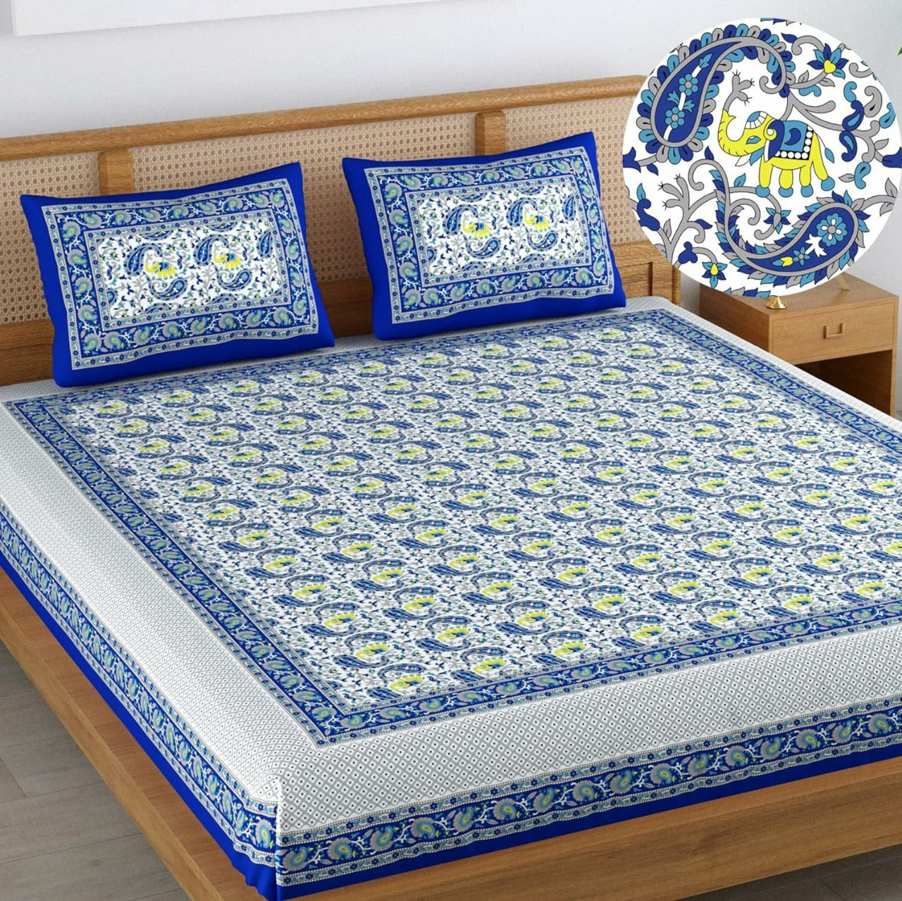 Jaipuri Screen Printed Cotton Double Bed Sheet with 2 Pillow Covers – 90x100 Size