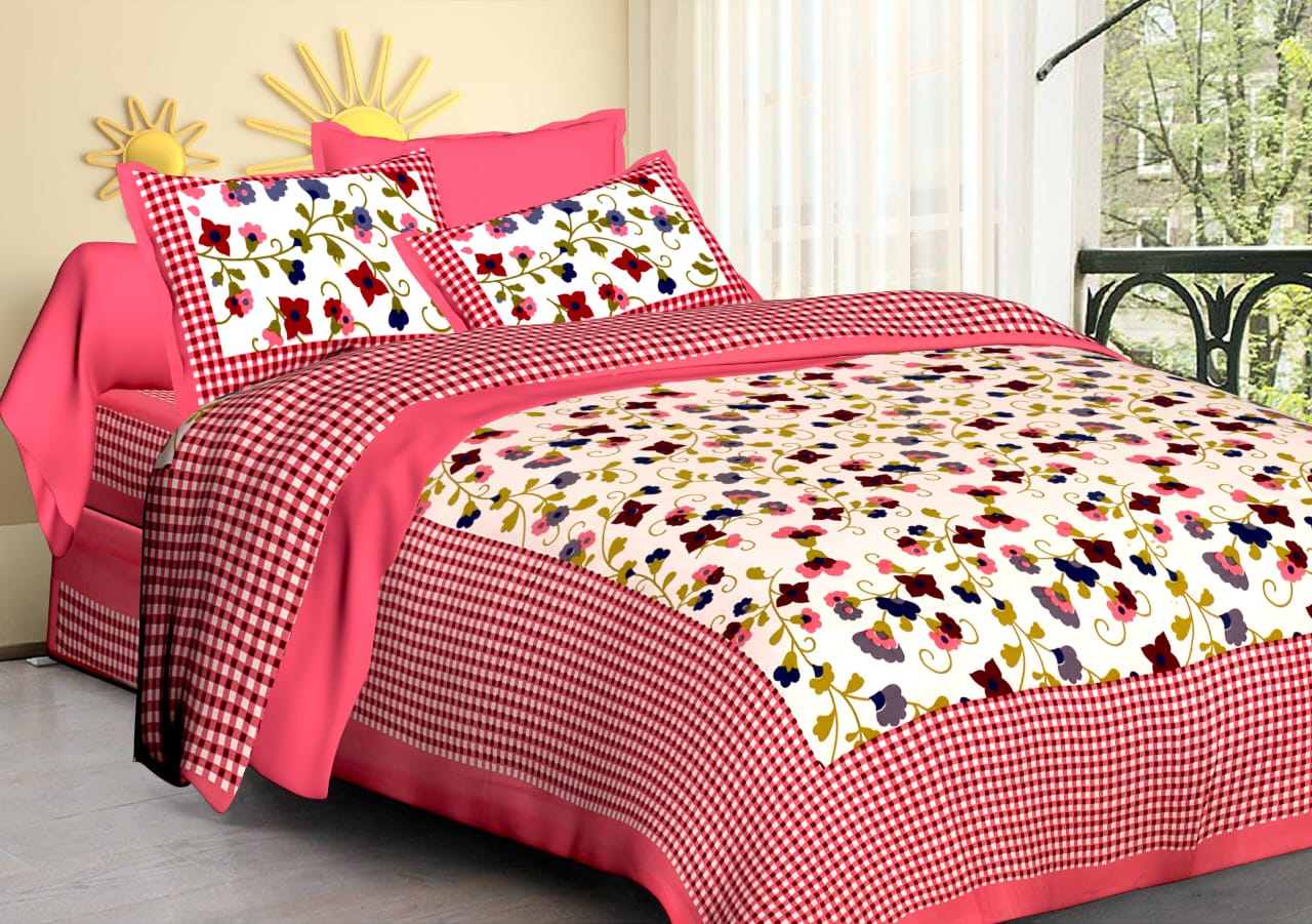 Jaipuri Screen Printed Cotton Double Bed Sheet with 2 Pillow Covers – 90x100 Size