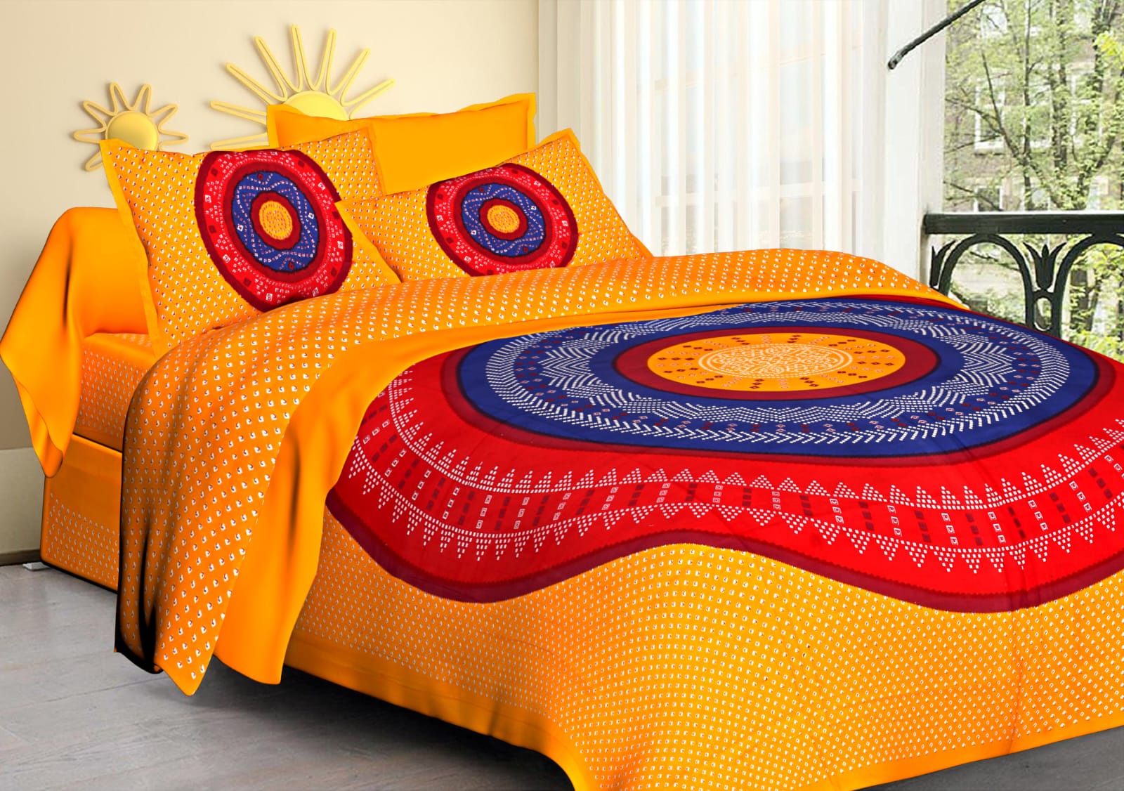 Jaipuri Screen Printed Cotton Double Bed Sheet with 2 Pillow Covers – 90x100 Size