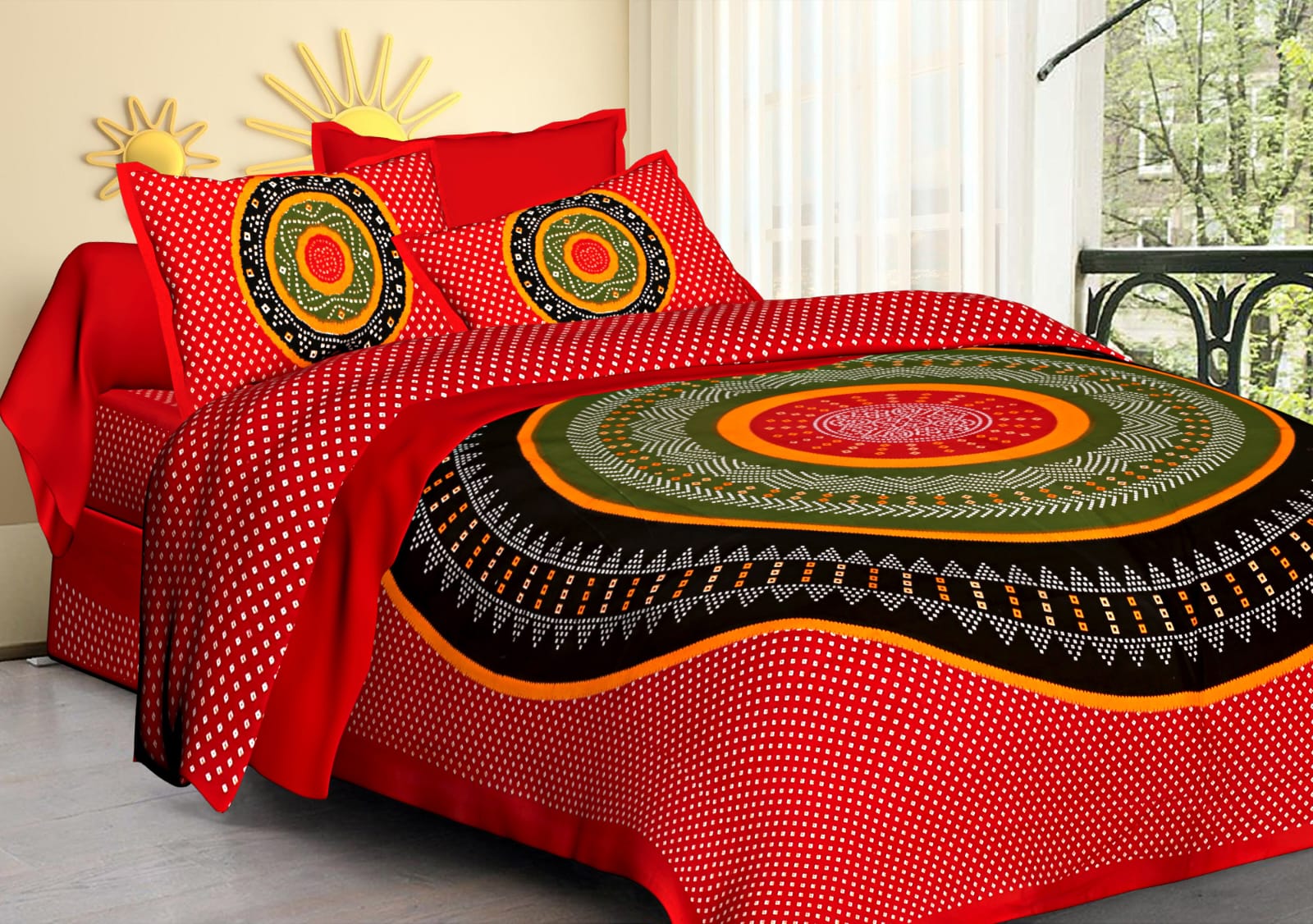 Jaipuri Screen Printed Cotton Double Bed Sheet with 2 Pillow Covers – 90x100 Size