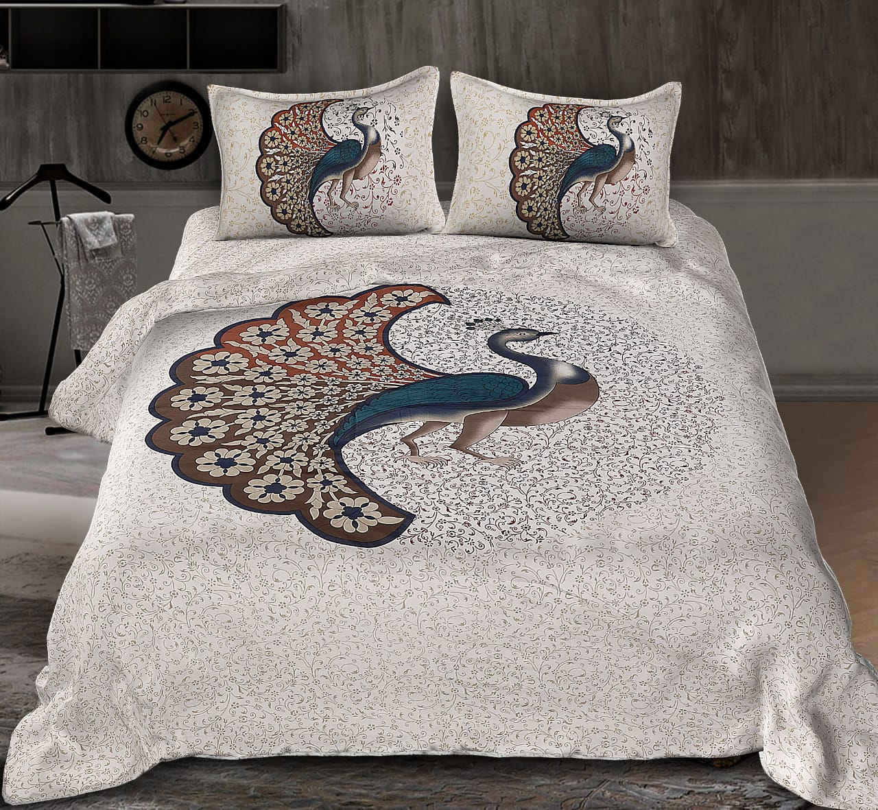 Jaipuri Screen Printed Cotton Double Bed Sheet with 2 Pillow Covers – 90x100 Size